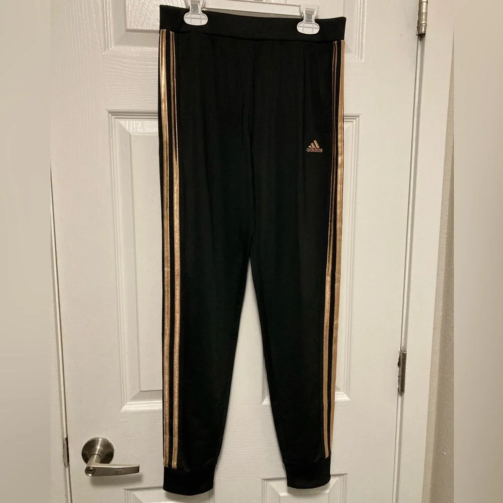 *Adidas Black with Gold/Rose Gold Striped Track Pants #IR